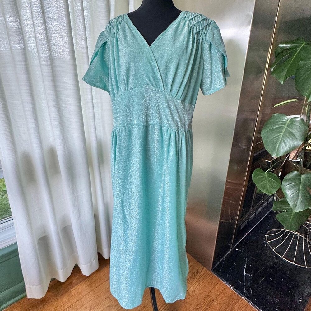 Vintage 80s dress, aqua, silver metallic thread, shimmery cocktail/evening dress